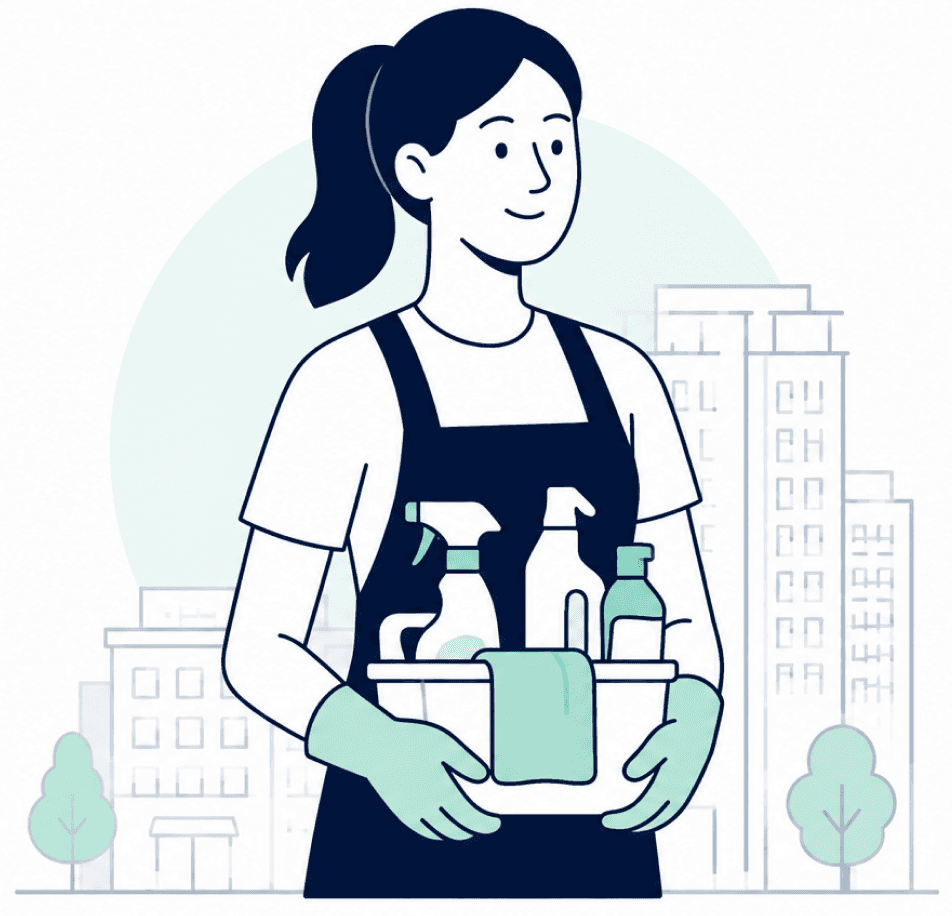 Illustration of a cleaning professional holding a caddy of supplies